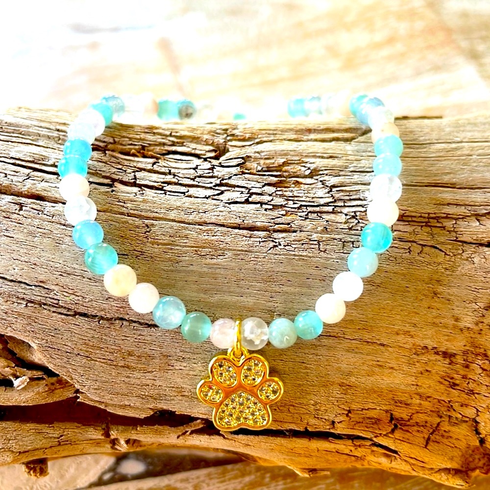 Handmade semi precious stone stretch paw print bracelet benefits cat rescue